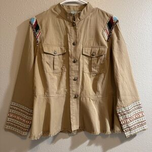Beaded Boho Western Military Jacket Tan Cotton Embroidered Peplum Utility M